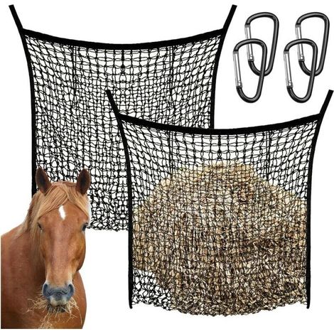 2 Pièces Filets à Foin Pour Chevaux, 90x80cm Grand Filet à Foin Filet à Foin Pour L'Agriculture Avec 4 Mousquetons Filet à Foin Noir à Mailles SerréEs Pour Chevaux BœUfs Moutons (1/5)
