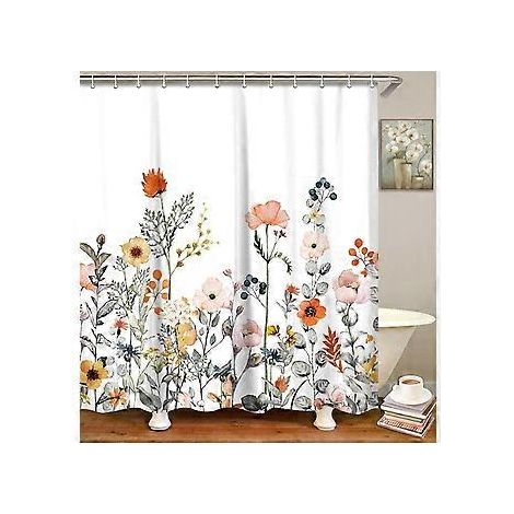 LIVILAN Duschvorhang, Duschvorhang-Set mit Blumenmuster und 12 Haken, Stoffduschvorhang, dekorativer Duschvorhang mit Aquarellmuster, 7