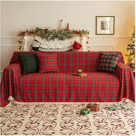 Christmas Bed Throw Sofa Throw, Chenille Tassel Throw Blanket, Sofa Cover, Christmas Sofa Throw, Protector Christmas Decorations (Red, 180 x 230 cm) (1/5)
