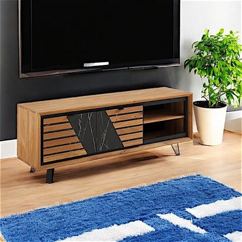 Meuble tv design en bois de chêne finition miel, 2 portes ESSEN (1/4)