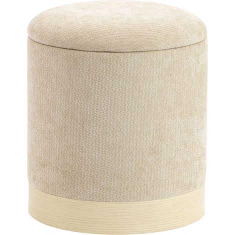 Pouf coffre rangement beige, tabouret rond en chenille, repose-pieds avec socle métal aspect bois. (1/5)