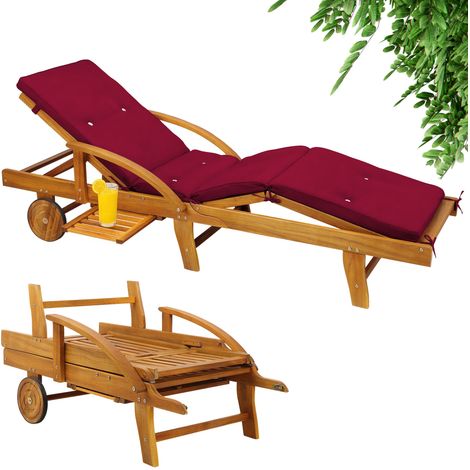 CASARIA® Sonnenliege Holz inkl. Auflage 320kg Belastbar Gartenliege 195x55cm Klappbar Räder Rückenlehne Verstellbar Ablage Akazie Balkon Garten Terrasse Liege Wetterfest  Rot (1/5)