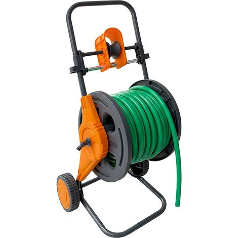 Relaxdays hose trolley, 60 m, click coupling, hose guide, 2 wheels, plastic/steel, grey/orange (1/5)