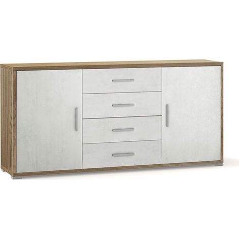 Credenza Mobile 2 Ante 4 Cassetti Contenitore Noce Bianco Legno Tv Soggiorno (1/2)