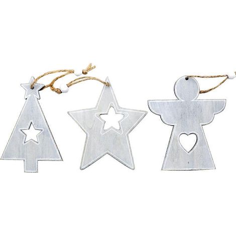 Lot de 3 décorations de Noël suspendues en bois en forme d'étoile, de cœur et d'ange (gris) - Décorations pour la maison et les fêtes-Grey (1/2)