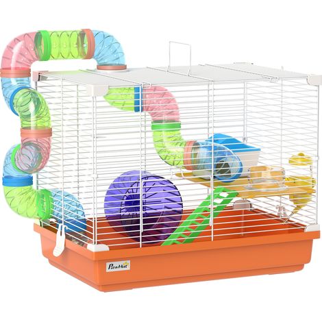 Cage à hamster et rongeur 2 niveaux - 46 x 30 x 37 cm, orange - Avec tunnel, biberon d'eau, roue, maisonnette et échelles - Pour petits animaux - Design complet (1/5)