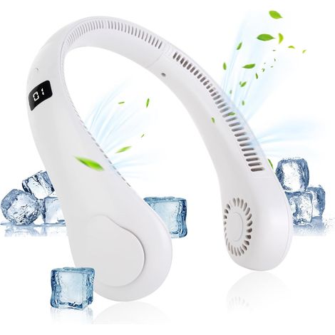 Ventilatore da collo, portatile, senza pale, con flusso d'aria a 360°, 5 velocità del vento, colore bianco, ricaricabile tramite USB, adatto per viaggi e sport sia all'interno che all'esterno. (1/4)
