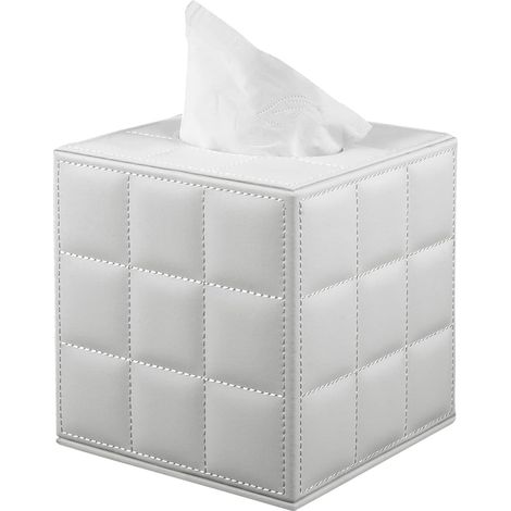 Juego de cajas cuadradas de cuero para pañuelos, almacenamiento de servilletas para restaurante, hotel, oficina, rejilla blanca