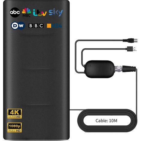 Antenne TV pour Intérieur et Extérieur,Plage de Réception de 600 KM,Antennes HDTV Numérique,Compatible avec 4K 1080p Tous Les TV,10M Câble Coaxial,TNT Amplificateur Signal (1/5)