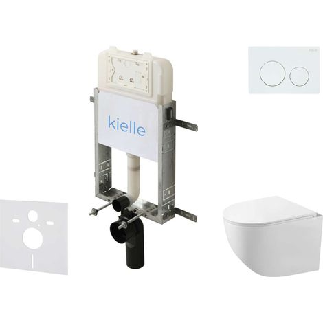 kielle Genesis New - Conjunto de instalación empotrada, inodoro compacto Gaia Rimless, asiento soft-close y pulsador Gemini New I, blanco brillante 30528SZ82
