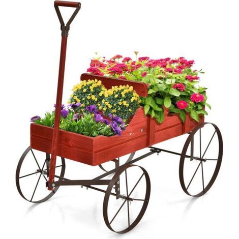Charrette en Bois Rustique Jardinière 2 Bacs à Fleurs avec Roues Métal et Poignée Jardin Terrasse Rouge (1/5)