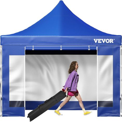 Pour fêtes et jardin, transport facile avec sac à roulettes, tonnelle pop-up 3x3 m bleue à hauteur réglable (1/5)