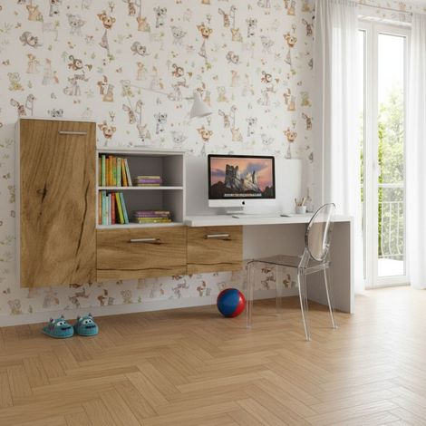 Angolo studio con scrivania parzialmente sospesa e libreria - Design moderno e personalizzabile - Bianco e Quercia