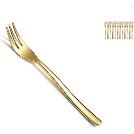 Lot de 12 fourchettes à dessert dorées de 16.6 cm en acier inoxydable plaqué or titane, passe au lave-vaisselle (1/5)