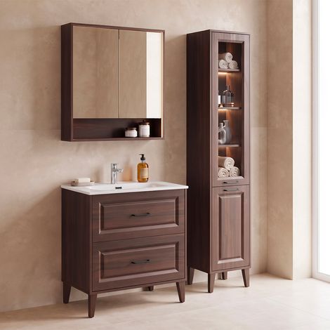 Conjunto de mueble con lavabo empotrado de 80 cm, columna y armario con espejo en color Moka, madera oscura (1/4)