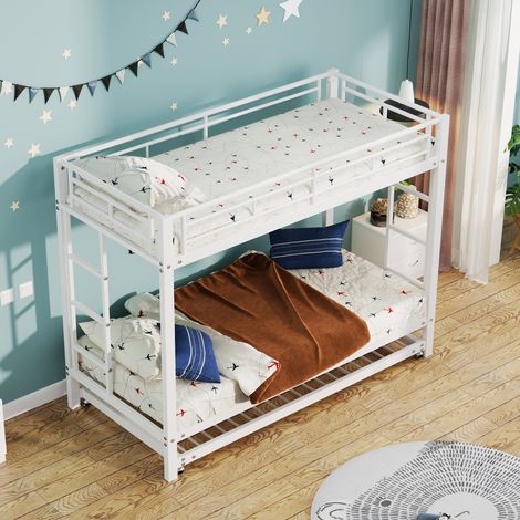 Lit superposé 90x200cm, cadre en fer, literie enfant avec tiroir escamotable, barrières de sécurité hautes, certifié EN747, structure renforcée, blanc (1/5)