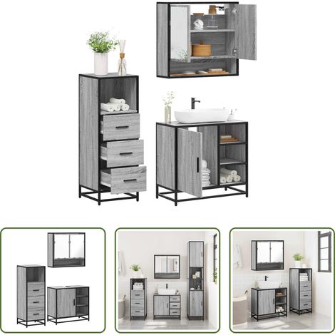 vidaXL Holzwerkstoff Badmöbel - 3-tlg. Badmöbel-Set Grau Sonoma Holzwerkstoff (1/5)