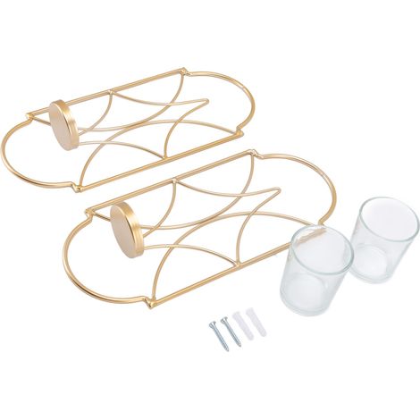 2 Pièces Support de Bougie Murale en Fer et Verre, Applique Décorative Dorée pour Salon et Chambre