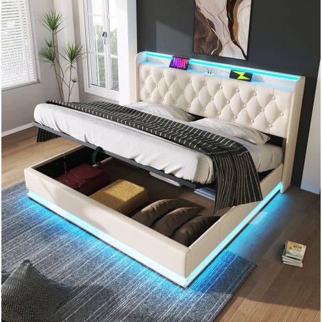 Letto matrimoniale imbottito 180x200 cm moderno con vano contenitore idraulico, LED 360°, testiera con USB-C, PU bianco (1/5)