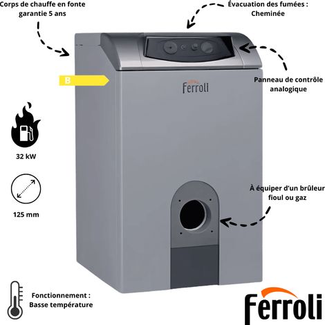 Ferroli – Chaudière fioul basse température 32 kW – Rendement 91.7% – Corps de chauffe fonte – Dimensions 850 x 500 x 400 mm (1/4)