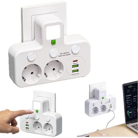 Multiprise Murale avec Interrupteurs Individuels 2 Prises EU + 3 Ports USB (2X USB A + 1x Type C), Conception Polyvalente et Sécurisée pour la Maison (White,2Prises) (1/5)