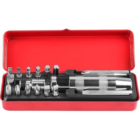 Juego de destornilladores de impacto de 16 piezas, con adaptador de tornillo y 15 puntas de precisión para automoción, motocicletas y mantenimiento.