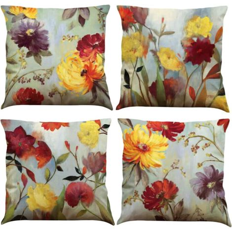 RHG Lot de 4 housses de coussin 45 x 45 cm - Motif floral - En coton et lin - Décoration d'extérieur (1/5)