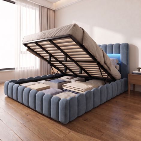 Lit coffre 180x200 cm avec sommier, lit double King Size avec éclairage LED et USB, lit adulte capitonné en velours, moderne, Gris