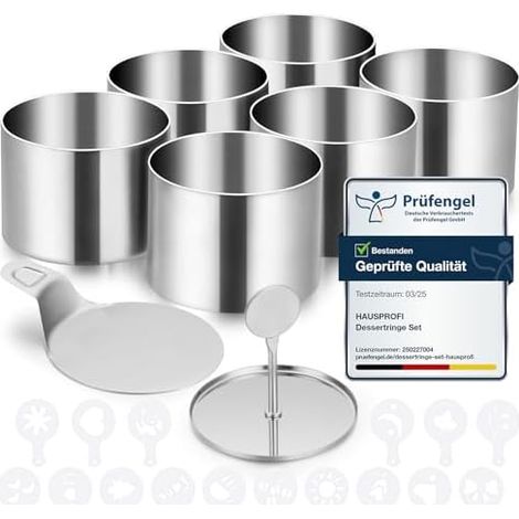 Dessertringe Set 6er(Ø7.5cm) mit Deckel & Basis 16 Schablonen, Edelstahl Servierringe Speiseringe Anrichteringe, Nahtlose Mousse Form, Tortenring klein für Backen Dessert Mousse & Anrichten