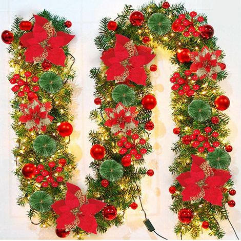 Guirnalda navideña de 2,7 m, guirnalda de abeto artificial con luces LED, flores, bolas y frutos rojos. Ideal para decorar puertas, chimeneas, escaleras, ventanas y arcos de entrada. (1/5)