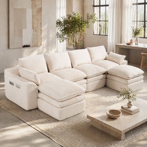Canapé 4 posti modulare in velluto a coste beige 335x167x85 cm con 2 pouf e tasche laterali (1/5)