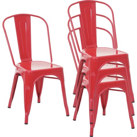 Set 4x sedie bar bistrot impilabili design industriale HHG-791 metallo verniciato rosso