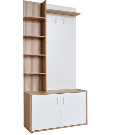 Mueble de entrada blanco canteado con perchero 90x34x180