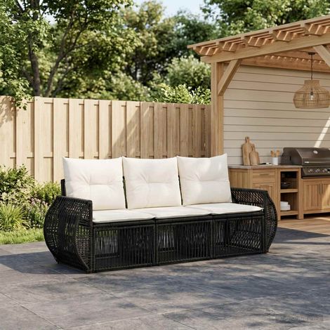 vidaXL Ensemble de canapé de jardin 3 pc Noir et blanc crème polyrotin (1/5)