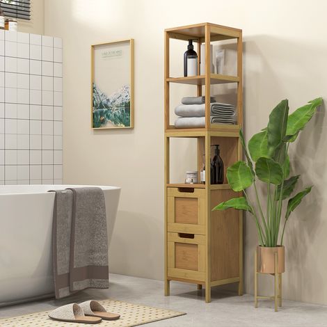 Mobiletto da bagno alto con 3 ripiani e 2 cassetti, in bambù, stile moderno, 30x30x144,3 cm, colore naturale.