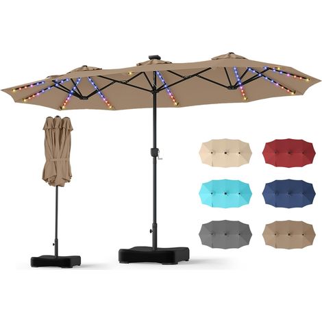 COSTWAY Ombrellone da Giardino Doppio 370 x 220 cm, con 12 Stecche, 108 Luci LED Solari, 12 Modalità, 3 Prese d'Aria, Manovella e Base, Anti-UV, per Spiaggia, Piscina e Cortile (Marrone) (1/4)