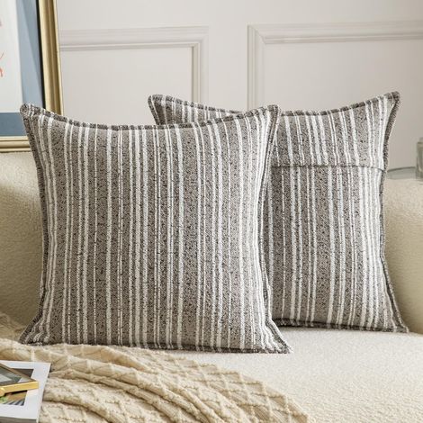 Lot de 2 Housses de coussin, bouclé rayé, fermeture éclair invisible, décoration salon chambre, taupe 50x50 cm