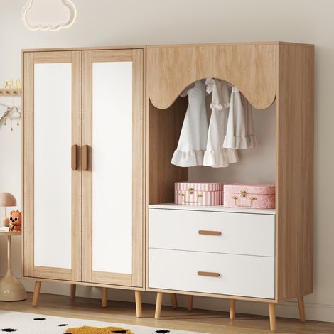 REDOM - Armario infantil - 80x46x141.5 cm - set con armario de 2 puertas y armario abierto - barra y 2 cajones - MDF - blanco y madera natural (1/5)