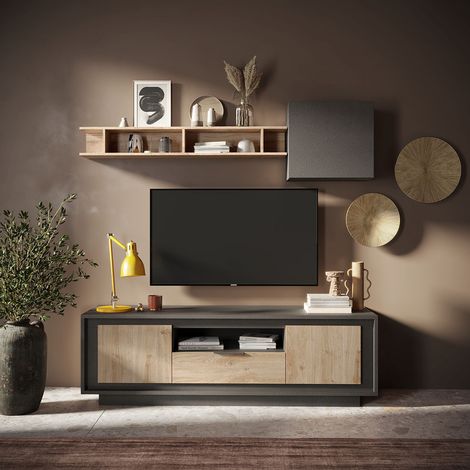 Meuble TV moderne 180 cm lave/chêne cadiz Rosine (1/5)