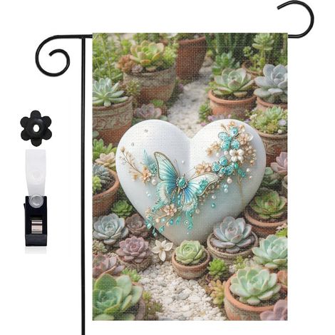 Drapeau de jardin oiseaux et cœur avec roses turquoise 30 x 45 cm décoration porche et entrée (1/5)