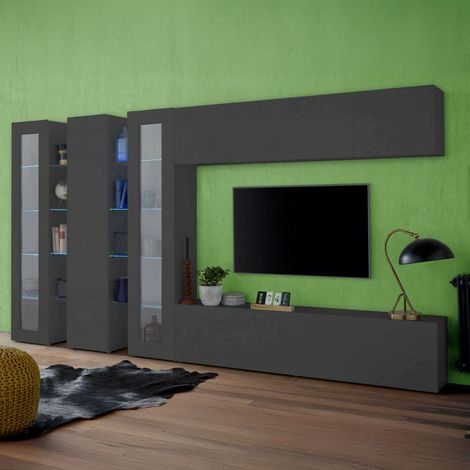 Dmora - Pared Equipada Dbenal, Conjunto de salón Mueble TV con 5 puertas, Mueble de salón polivalente, 100% Made in Italy, cm 340x30h180, Antracita (1/5)
