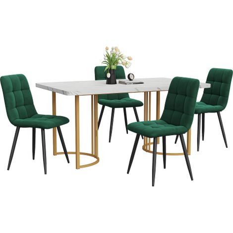 Ensemble table 140×80cm, pieds dorés, 4 chaises velours vert foncé