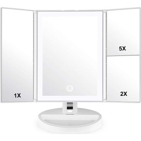 MINKUROW Beleuchteter Schminkspiegel, 1x/2x/5x dreifach klappbarer Schminkspiegel mit 34 LED-Leuchten, Aufsatz-Kosmetikspiegel, Touchscreen, 180° verstellbare Drehung (1/5)