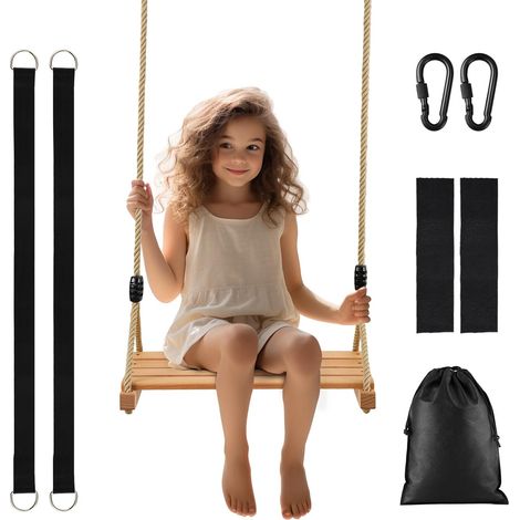 Balançoire Bois Enfant Adulte Siège Arbre avec Accessoire Portique Jardin Extérieur Max Poids 100kg (1/5)