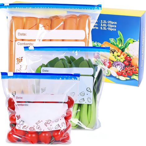 50 Pack Reusable Freezer Bags 3 Sizes (1L, 2.25L, 4.55L) for Batch Baking, Fruit, Vegetable, Meat, Snacks, BPA Free Sandwich Bags with Zipper and Bottom (1/5)