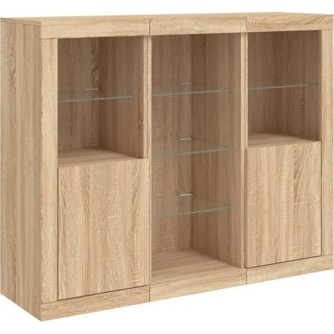 Credenza Cassettiera Armadietto Organizzatore Cucina Soggiorno Soggiorno con luci a LED 3 pezzi Legno composito Sonoma Marrone 020037214