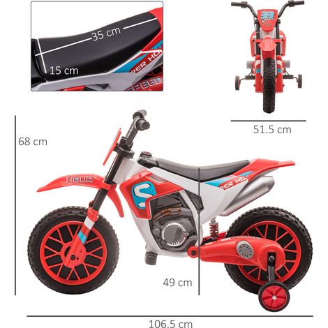 Moto électrique pour enfants de 3 à 5 ans, avec batterie rechargeable 12V et stabilisateurs amovibles, 106,5 x 51,5 x 68 cm, rouge. (1/5)