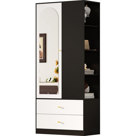 Armario con espejo y 1 puerta, armario moderno con 2 cajones y 4 estantes, espacio de almacenaje versátil, blanco + negro, 80x40x180 cm (1/5)