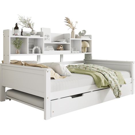 Canapé-lit extensible en bois blanc avec rangements intégrés, lit gigogne 90x200 cm, structure bois de pin, style sobre pour chambre ou bureau  CHICFURN (1/5)