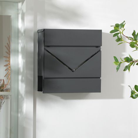 Boîte aux lettres avec couvercle, 2 trous de drainage au fond, en acier, avec serrure, grise